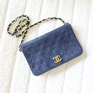 Chanel Vintage Wallet on Chain Navy Suede PRELOVED AUTHENTIC